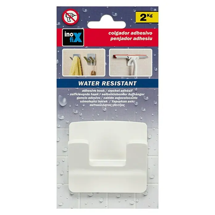 Inofix Colgador adhesivo 2192 - Blanco - Imagen de un paquete de ganchos adhesivos InoFix, diseñado para una solución colgante autoadhesiva y resistente al agua de hasta 2 kg.