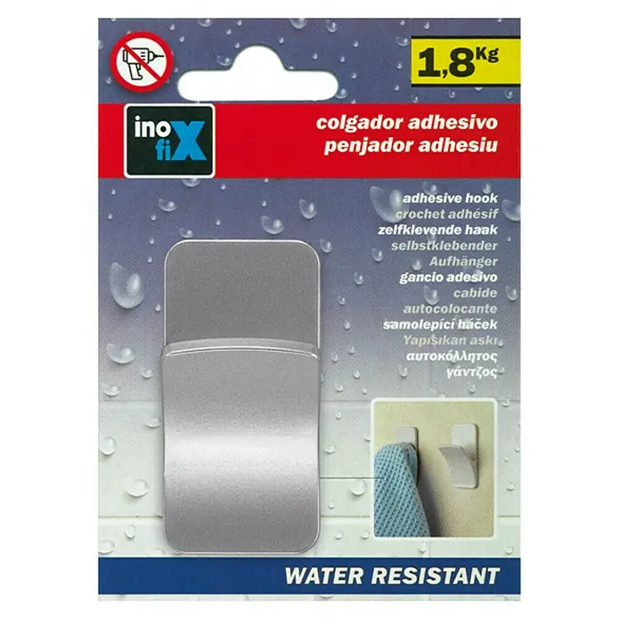 Inofix Colgador adhesivo 2191 - L x An x Al: 30 x 25 x 60 mm, Plástico, Cromo - Imagen de un paquete de gancho adhesivo Ino-Fix que es resistente al agua y soporta hasta 1,8 kg. Perfecto para baños.