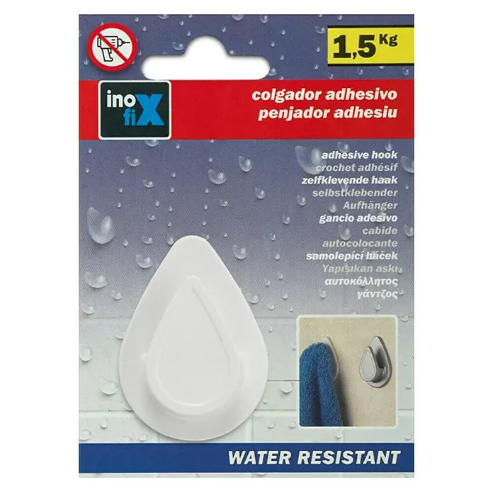 Inofix Colgador adhesivo 2193-2 - Blanco - Imagen de un paquete de ganchos adhesivos InoFix, que pueden soportar hasta 1,5 kg y son resistentes al agua.
