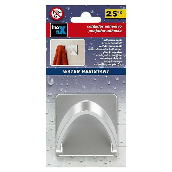 Inofix Colgador adhesivo 2190 - L x An x Al: 65 x 45 x 65 mm, Plástico, Cromo - Imagen de un colgador de toallas autoadhesivo resistente al agua, con capacidad para 2,5 kg.