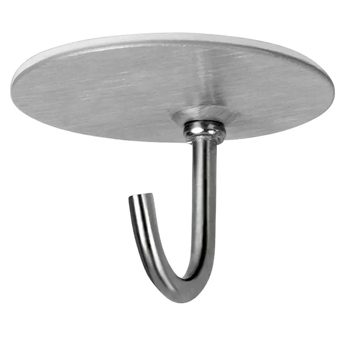 Inofix Colgador adhesivo 2176 - Acero inoxidable, Plata - Primer plano de un gancho adhesivo plateado para el techo con una placa de montaje redonda y un gancho en forma de J.