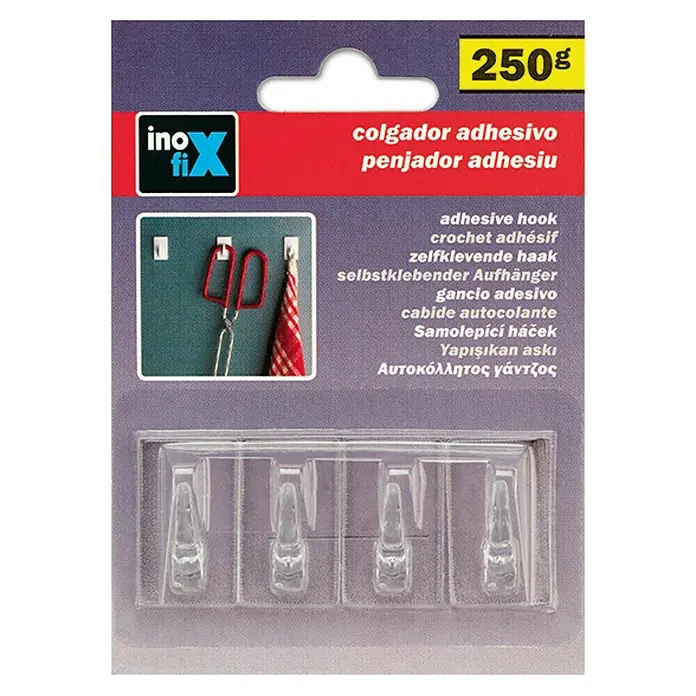 Inofix Colgador adhesivo 2075 - Transparente - Paquete de colgadores adhesivos, ideales para colgar objetos ligeros, fácil de instalar sin necesidad de taladrar.