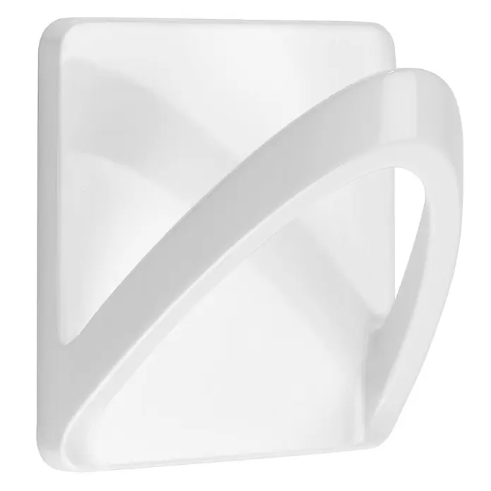 Inofix Colgador adhesivo 2190 - L x An x Al: 65 x 45 x 65 mm, Plástico, Blanco - Primer plano de un colgador de pared blanco autoadhesivo con esquinas redondeadas y un diseño elegante en forma de arco.