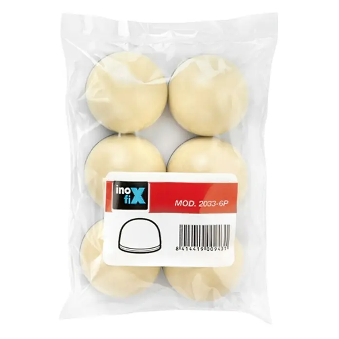 Inofix Tope de puerta 2033 - Beige, Plástico, 6 ud. - Un paquete de deslizamientos de muebles Ino-Fix contenidos en una bolsa de plástico transparente con una etiqueta que incluye un código de barras y un número de modelo.