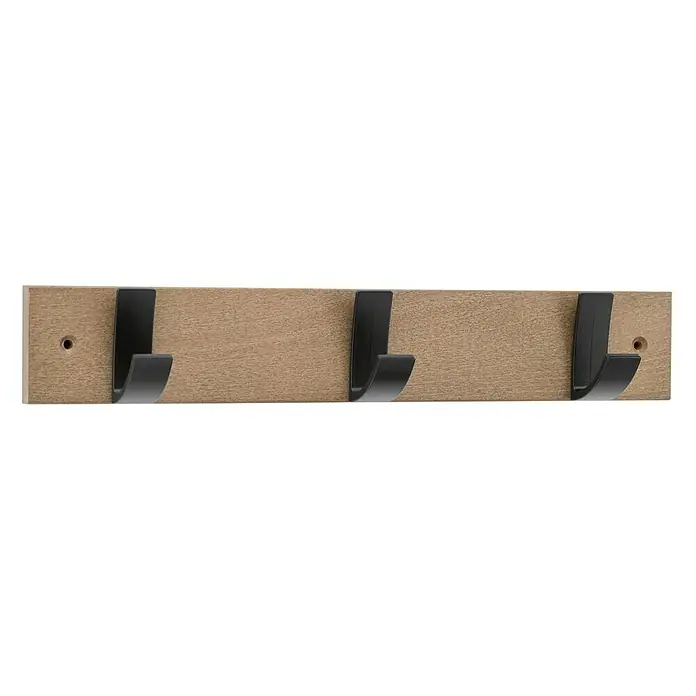 Inofix Perchero 3703 - L x An x Al: 360 x 60 x 60 mm, Madera, Roble/Negro - Perchero de pared de madera con tres ganchos negros, ideal para recibidor o dormitorio para colgar chaquetas y accesorios.