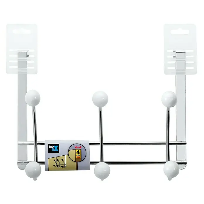 Inofix Perchero 3720 - L x An x Al: 270 x 197 x 110 mm, Acero, Blanco - Perchero de pared con tres ganchos y cabezales de bola blanca. Los colgadores son adecuados para puertas de hasta 4 cm de grosor, cromo.