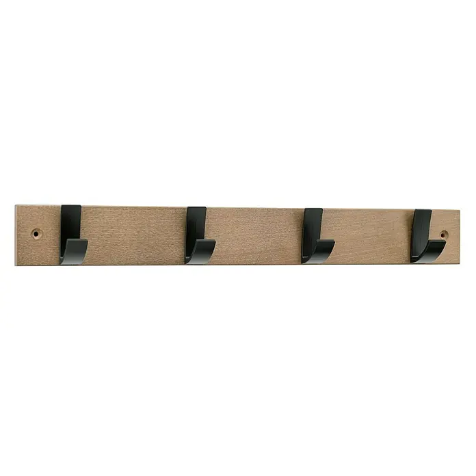 Inofix Perchero 3704 - L x An x Al: 490 x 60 x 60 mm, Madera, Roble/Negro - Perchero de madera con cuatro ganchos negros para colgar chaquetas, sombreros y otros accesorios para guardar.