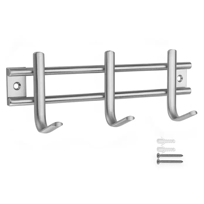 Inofix Perchero 3716 - L x An x Al: 220 x 76 x 54 mm, Acero inoxidable, Plateado - Un perchero de pared plateado con tres ganchos y material de montaje para la instalación en la pared.