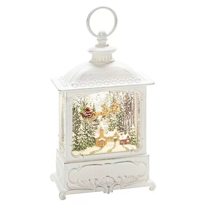 Konstsmide LED-Schneelaterne - Innen, Altweiß, 8,5 x 13,5 x 25 cm, Weihnachtsmann, Batteriebetrieben - Weiße Weihnachtslaterne mit festlicher Winterdorfszene innen.
