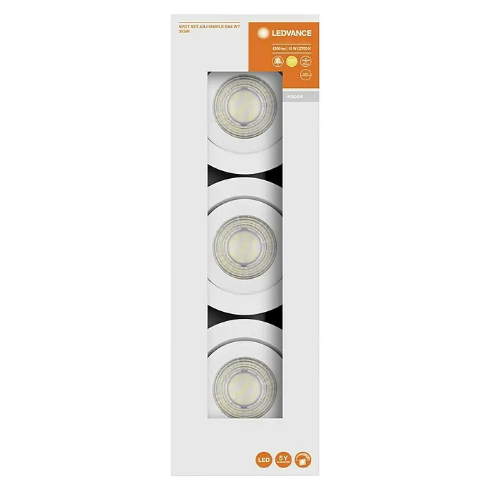 Ledvance LED-Einbauleuchten-Set Simple Dim - 4,9 W, Weiß, 3 Stk., Warmweiß - Produktverpackung für ein LEDVANCE Spot Set mit drei dimmbaren LED-Leuchten, ideal für den Innenbereich mit warmweißem Licht.