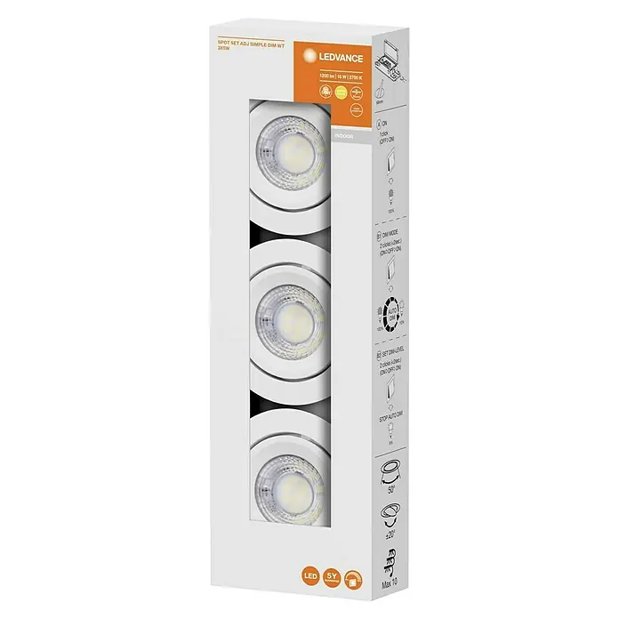 Ledvance LED-Einbauleuchten-Set Simple Dim - 4,9 W, Weiß, 3 Stk., Warmweiß - Eine LEDVANCE SPOT SET ADJ SIMPLE DIM WT 3X5W-Packung mit drei verstellbaren LED-Einbauspots in Weiß für den Innenbereich.