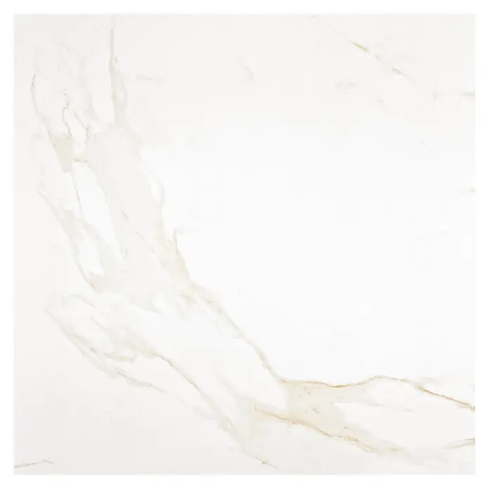 BHS Showroom Pavimento porcelánico Syros - 75 x 75 cm, Oro, Rectificado - Primer plano de una baldosa cuadrada de mármol blanco con vetas beige.