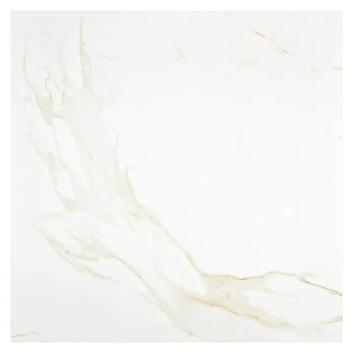BHS Showroom Pavimento porcelánico Syros - 75 x 75 cm, Oro, Rectificado - Primer plano de una baldosa cuadrada de mármol blanco con vetas beige.