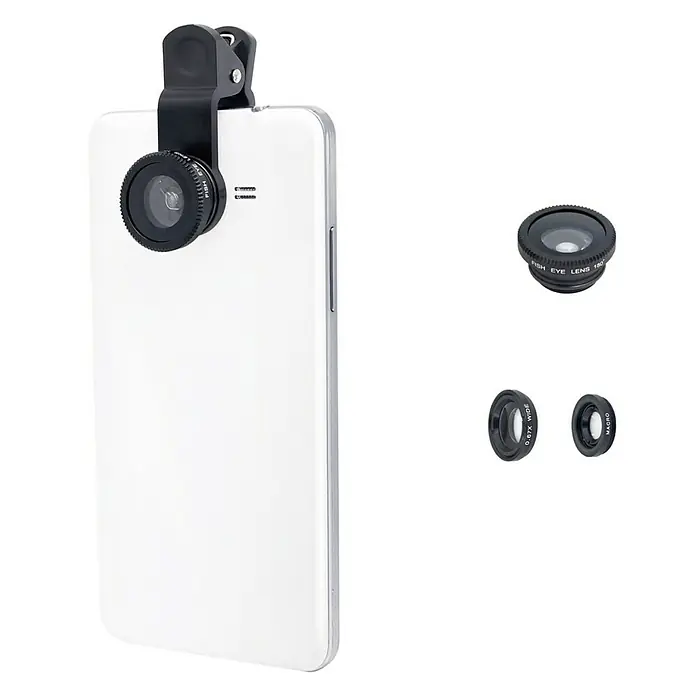 Kit de accesorios lentes para el móvil - Negro, Macro, gran angular, ojo de pez - Teléfono inteligente con kit de lentes de cámara, incluyendo ojo de pez, gran angular y macro para fotografía móvil creativa.