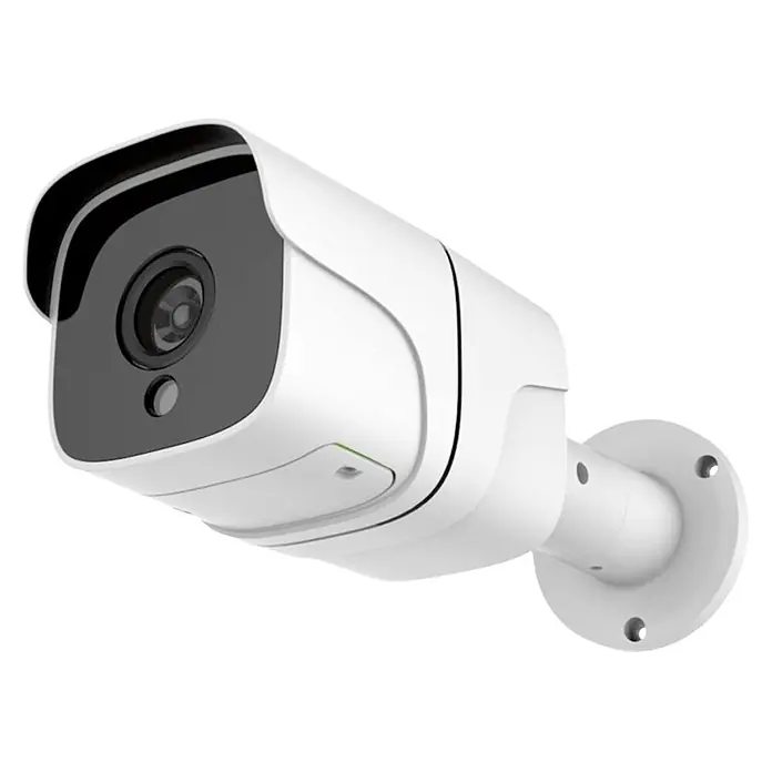 Muvit Cámara de vigilancia WIFI full HD 1080P Exterior - Blanco, Ángulo de detección: 180 ° - Primer plano de una cámara de vigilancia blanca con lente negra y soporte de montaje.
