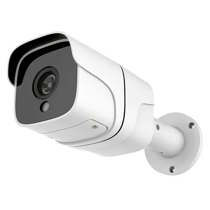Muvit Cámara de vigilancia WIFI full HD 1080P Exterior - Blanco, Ángulo de detección: 180 ° - Primer plano de una cámara de vigilancia blanca con lente negra y soporte de montaje.