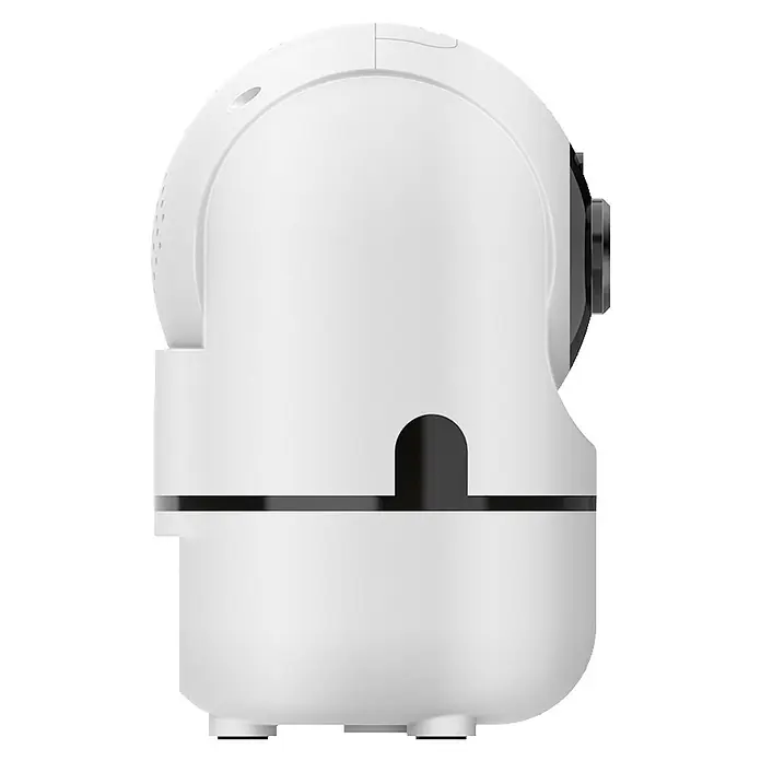 Muvit Cámara de vigilancia WIFI full HD 360 - Blanco, Ángulo de detección: 360 ° - Primer plano de una cámara de seguridad blanca y redonda con un detalle negro en el lateral y una línea negra alrededor de la base.