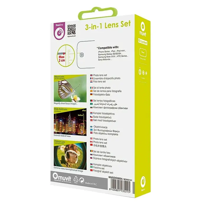 Kit de accesorios lentes para el móvil - Negro, Macro, gran angular, ojo de pez - Kit de lentes de cámara 3 en 1 de muvit, apto para varios teléfonos inteligentes y tabletas. Amplía las posibilidades fotográficas.