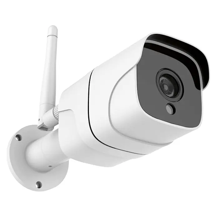 Muvit Cámara de vigilancia WIFI full HD 1080P Exterior - Blanco, Ángulo de detección: 180 ° - En la imagen se muestra una cámara de vigilancia blanca con una antena, montada en una pared, que ofrece una vista clara para la vigilancia.