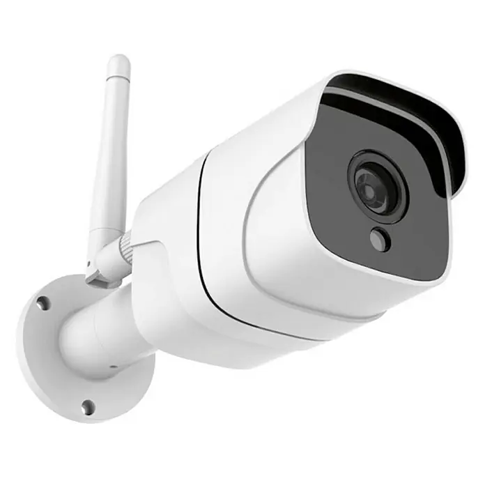 Muvit Cámara de vigilancia WIFI full HD 1080P Exterior - Blanco, Ángulo de detección: 180 ° - En la imagen se muestra una cámara de vigilancia blanca con una antena, montada en una pared, que ofrece una vista clara para la vigilancia.