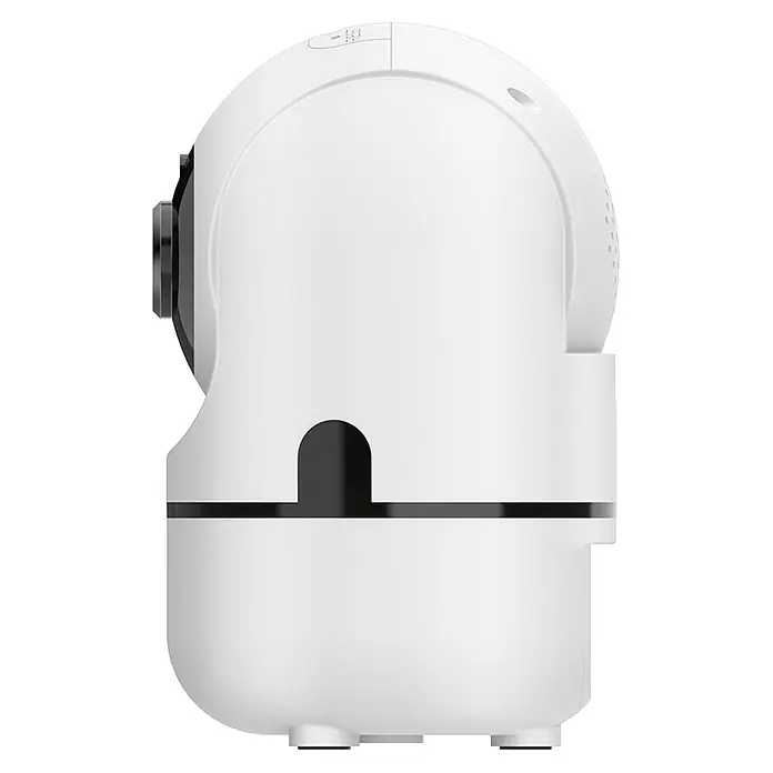 Muvit Cámara de vigilancia WIFI full HD 360 - Blanco, Ángulo de detección: 360 ° - Vista lateral de una cámara de seguridad PTZ blanca diseñada para uso en interiores, que ofrece una videovigilancia clara y funciones de seguridad mejoradas.
