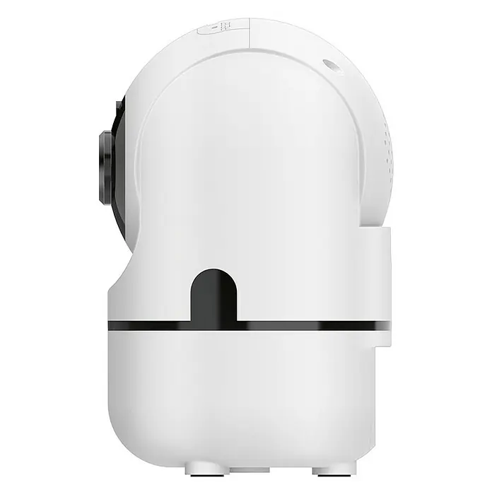 Muvit Cámara de vigilancia WIFI full HD 360 - Blanco, Ángulo de detección: 360 ° - Vista lateral de una cámara de seguridad PTZ blanca diseñada para uso en interiores, que ofrece una videovigilancia clara y funciones de seguridad mejoradas.
