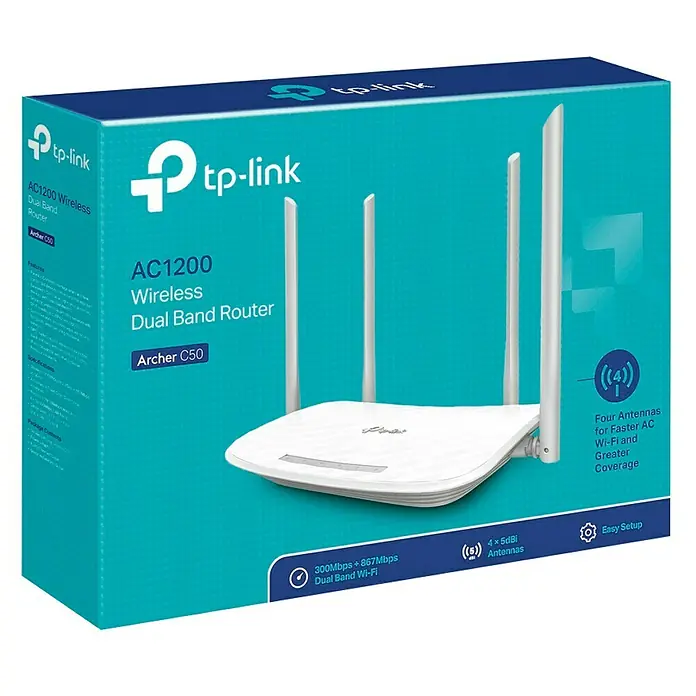 TP-Link Router inalámbrico Dualband AC1200 - Blanco - La imagen muestra el embalaje del TP-Link AC1200 Wireless Dual Band Router Archer C50 con cuatro antenas para mayor cobertura.