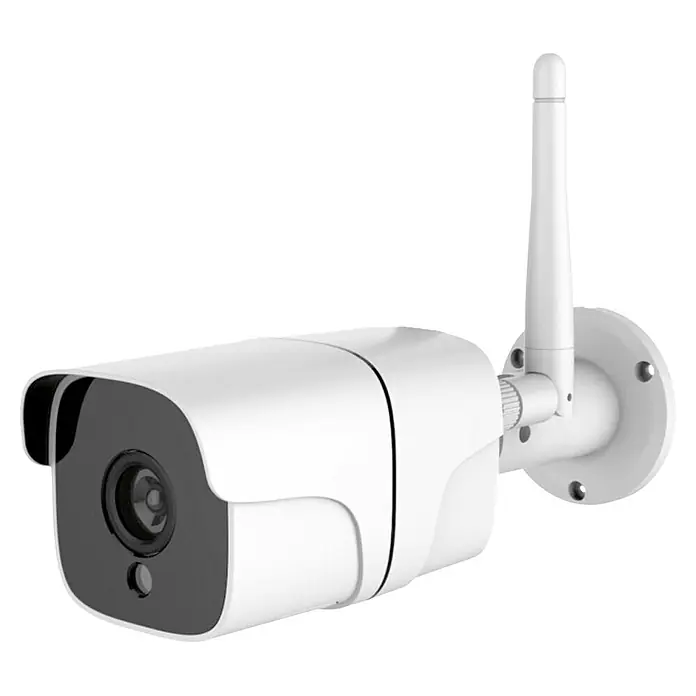 Muvit Cámara de vigilancia WIFI full HD 1080P Exterior - Blanco, Ángulo de detección: 180 ° - Una cámara de seguridad exterior blanca con antena para la transmisión inalámbrica de grabaciones de video.