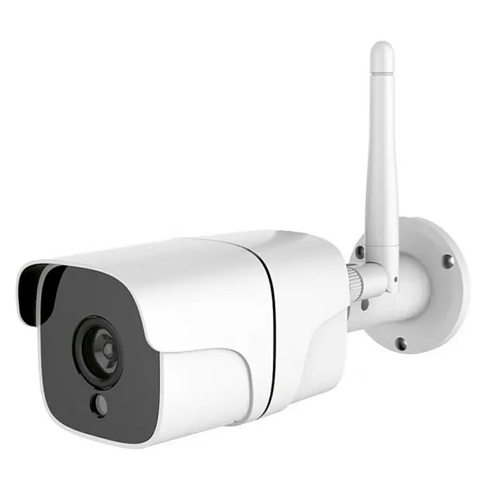 Muvit Cámara de vigilancia WIFI full HD 1080P Exterior - Blanco, Ángulo de detección: 180 ° - Una cámara de seguridad exterior blanca con antena para la transmisión inalámbrica de grabaciones de video.