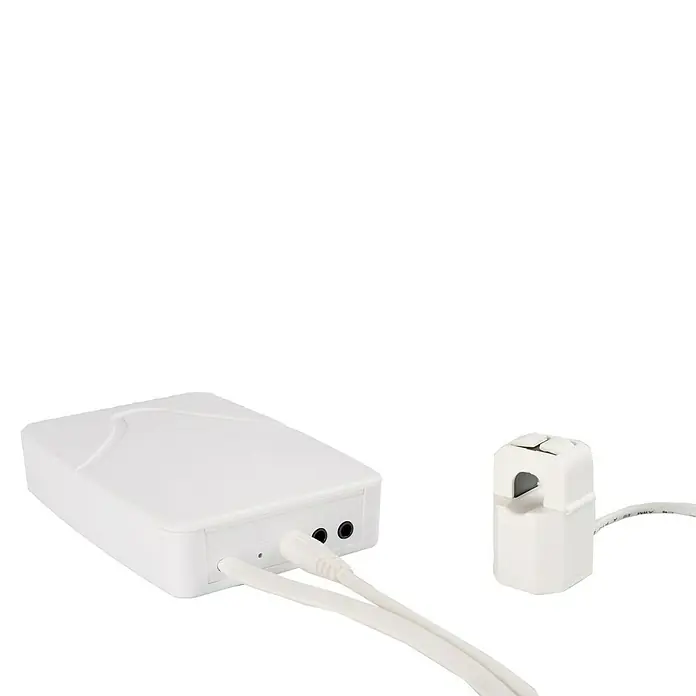 Medidor de costes energéticos Wibeee - 1 pinza - Dispositivo blanco con dos cables y un sensor rectangular. El producto está diseñado para la medición de energía.
