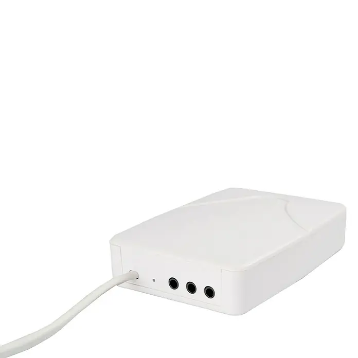 Medidor de costes energéticos Wibeee - 1 pinza - La imagen muestra una caja de conexión blanca con cable y varias salidas redondas, ideal para dispositivos electrónicos e instalaciones.
