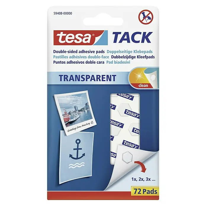 Tesa TACK Klebepads - 72 Stk. - Abbildung der transparenten Tesa Tack Klebepads, doppelseitig, ideal zum Befestigen von Objekten ohne Beschädigung.