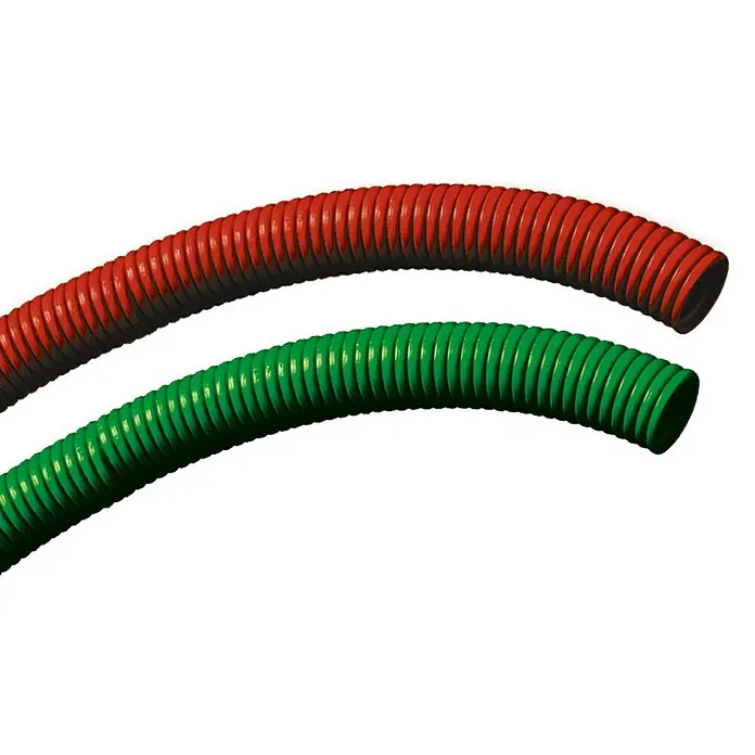 Electraline Tubo flexible Corrugado - Diámetro exterior: 40 mm, Rojo - Primer plano de conductos flexibles rojos y verdes, ideales para protección e instalación de cables.