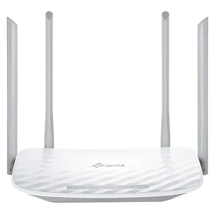 TP-Link Router inalámbrico Dualband AC1200 - Blanco - Esta imagen muestra un router Wi-Fi TP-Link blanco con cuatro antenas, diseñado para una cobertura de red inalámbrica mejorada.