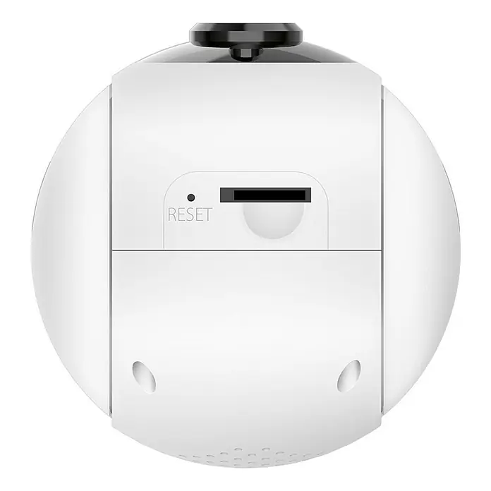 Muvit Cámara de vigilancia WIFI full HD 360 - Blanco, Ángulo de detección: 360 ° - Primer plano de una cámara de seguridad blanca con botón de reinicio y ranura para tarjeta SD, ideal para la vigilancia discreta.