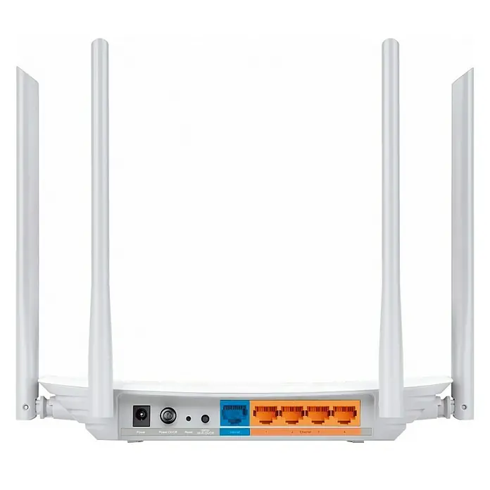 TP-Link Router inalámbrico Dualband AC1200 - Blanco - Un router WiFi TP-Link blanco con cuatro antenas y puertos codificados por colores para cables Ethernet.