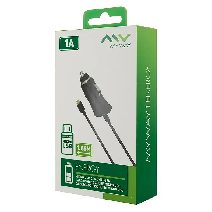 Cargador para automóvil Micro USB 1A - Negro, Longitud del cable: 1,85 m, Micro USB - Paquete de un cargador de coche Micro USB MyWay 1A, compatible con una longitud de cable de 1,85 m.