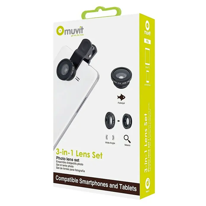 Kit de accesorios lentes para el móvil - Negro, Macro, gran angular, ojo de pez - Embalaje del producto para un juego de lentes 3 en 1 para teléfonos inteligentes y tabletas con lentes de ojo de pez, macro y gran angular.