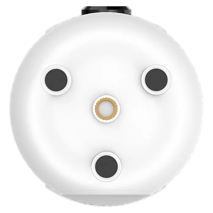 Muvit Cámara de vigilancia WIFI full HD 360 - Blanco, Ángulo de detección: 360 ° - Un primer plano de la parte superior de un producto blanco y redondo con tres botones negros y uno dorado.