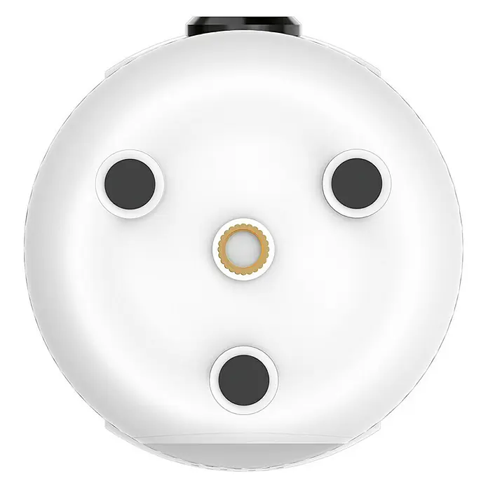 Muvit Cámara de vigilancia WIFI full HD 360 - Blanco, Ángulo de detección: 360 ° - Un primer plano de la parte superior de un producto blanco y redondo con tres botones negros y uno dorado.