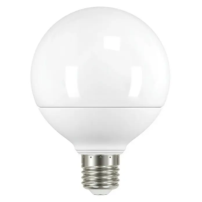 Muvit Bombilla LED inteligente Globo - E27, Capacidad de atenuación: Intensidad regulable, RGBW, 950 lm, 10 W - Primer plano de una bombilla LED en forma de globo con una base de rosca E27 estándar. La bombilla brilla de color blanco brillante.
