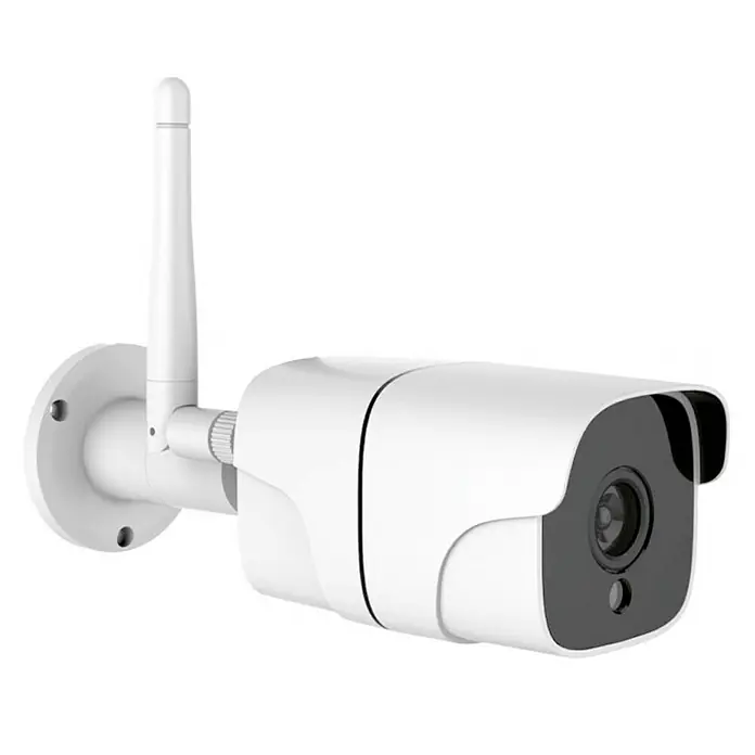 Muvit Cámara de vigilancia WIFI full HD 1080P Exterior - Blanco, Ángulo de detección: 180 ° - Una cámara de seguridad blanca con una antena, montada en un soporte de pared. La lente está rodeada por una visera negra.