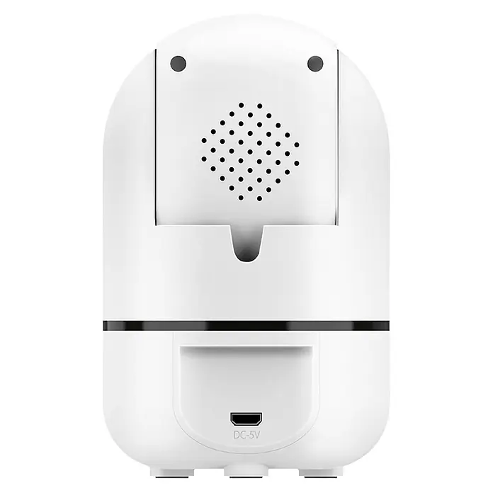 Muvit Cámara de vigilancia WIFI full HD 360 - Blanco, Ángulo de detección: 360 ° - Vista trasera de una cámara de seguridad blanca con altavoz, entrada de alimentación y botones de reinicio para mayor seguridad y control.