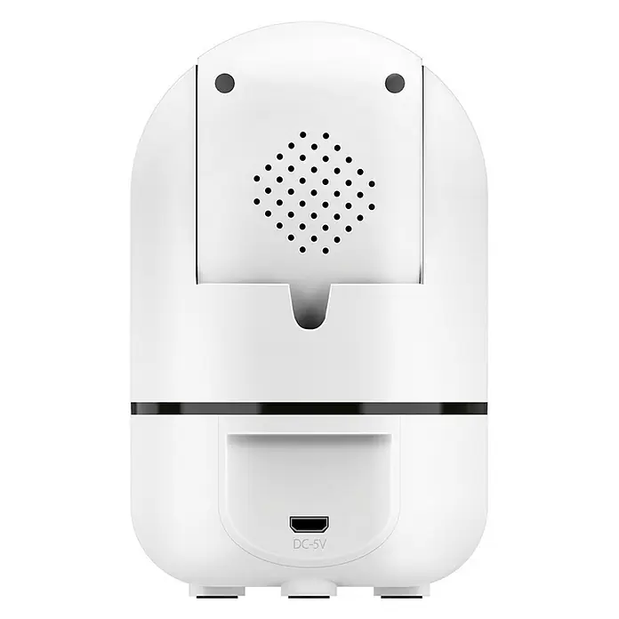 Muvit Cámara de vigilancia WIFI full HD 360 - Blanco, Ángulo de detección: 360 ° - Vista trasera de una cámara de seguridad blanca con altavoz, entrada de alimentación y botones de reinicio para mayor seguridad y control.