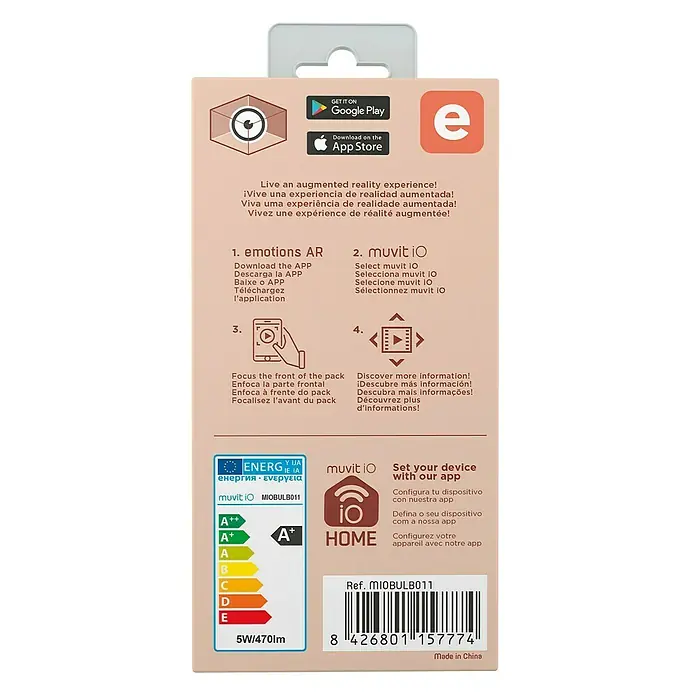 Muvit Bombilla LED inteligente Filamentos Edison - E27, Capacidad de atenuación: Intensidad regulable, Ámbar, 470 lm, 5,5 W - Embalaje del producto de una bombilla inteligente Muvit IO con conectividad de aplicaciones y función de realidad aumentada.