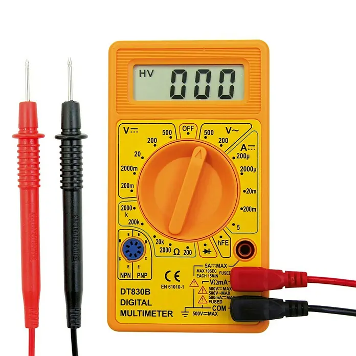 Electraline Multímetro digital 59007 - Medición de frecuencia - Multímetro digital amarillo DT830B con cables de prueba para mediciones eléctricas precisas en hogar y taller.