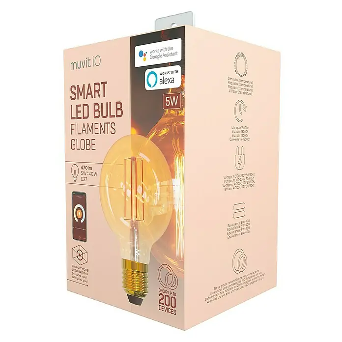 Muvit Bombilla LED inteligente Filamento globo pequeña - E27, Capacidad de atenuación: Intensidad regulable, Ámbar, 470 lm - La bombilla inteligente de filamento LED muvit iO tiene 470lm, 5W-40W, E27, es regulable y funciona con Google Assistant y Alexa.