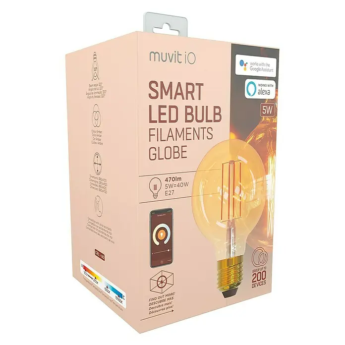 Muvit Bombilla LED inteligente Filamento globo pequeña - E27, Capacidad de atenuación: Intensidad regulable, Ámbar, 470 lm - Primer plano del embalaje de una bombilla globo de filamento LED inteligente, compatible con Google Assistant y Alexa.