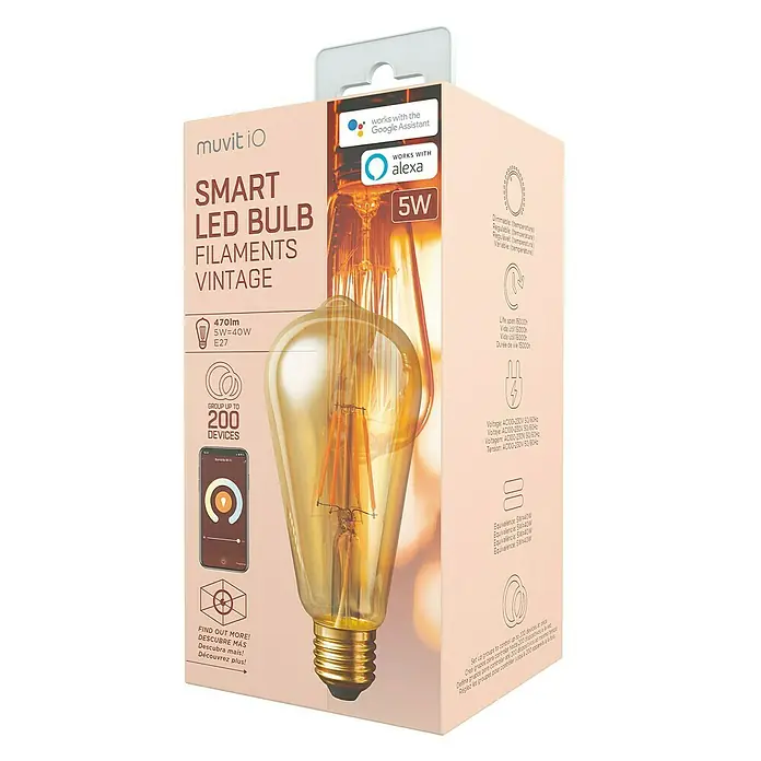 Muvit Bombilla LED inteligente Filamentos Edison - E27, Capacidad de atenuación: Intensidad regulable, Ámbar, 470 lm, 5,5 W - Imagen de una bombilla LED inteligente Muvit iO con filamentos en diseño vintage. Bombilla inteligente de 5W para iluminación acogedora.