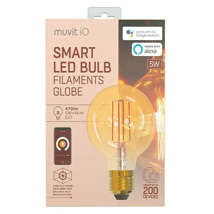Muvit Bombilla LED inteligente Filamento globo pequeña - E27, Capacidad de atenuación: Intensidad regulable, Ámbar, 470 lm - Embalaje de una bombilla globo de filamento LED inteligente Muvit iO, 5W, compatible con Google Assistant y Alexa.
